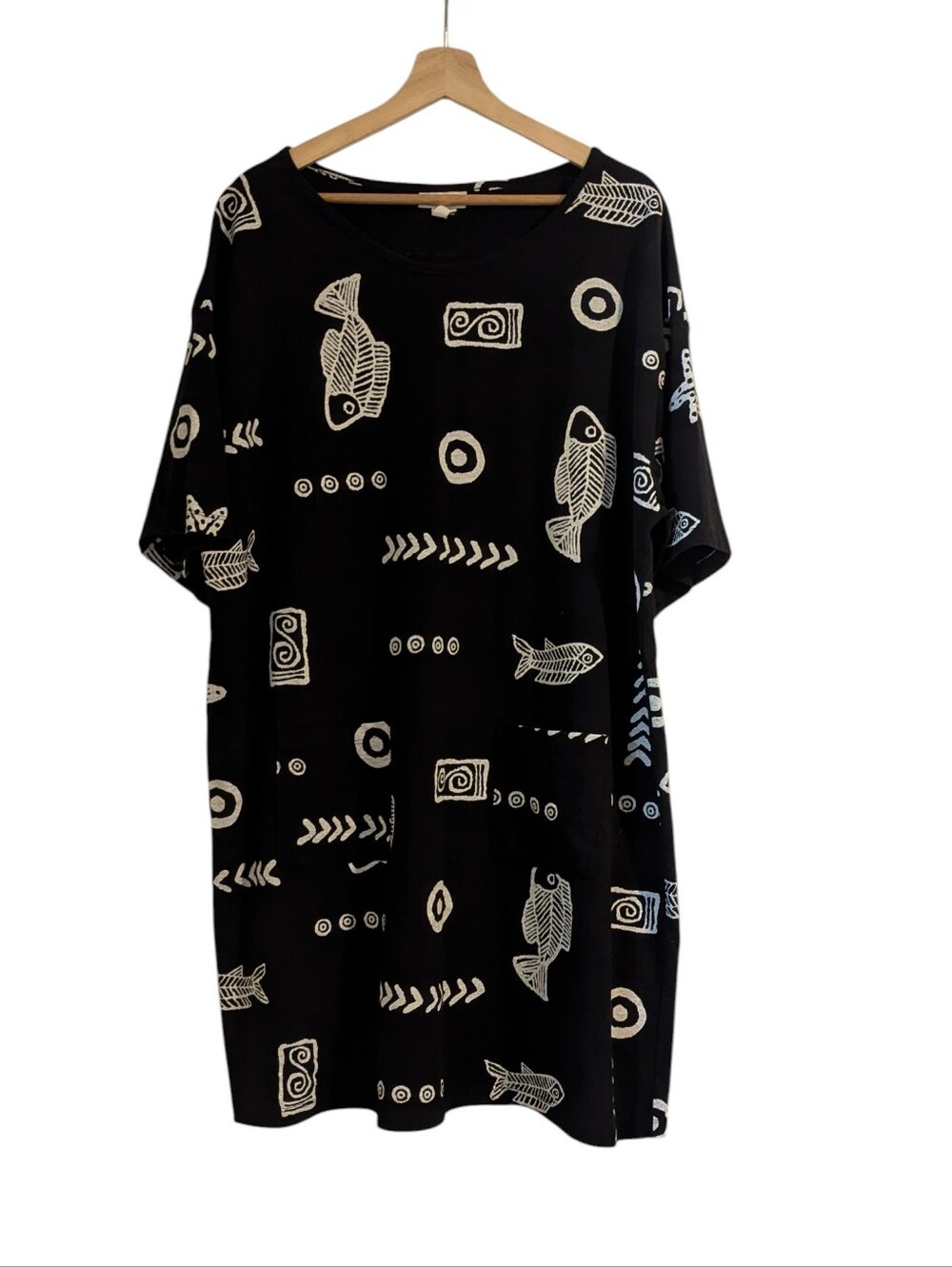 Black and White Fish Print Relaxed Tunic Dress, L